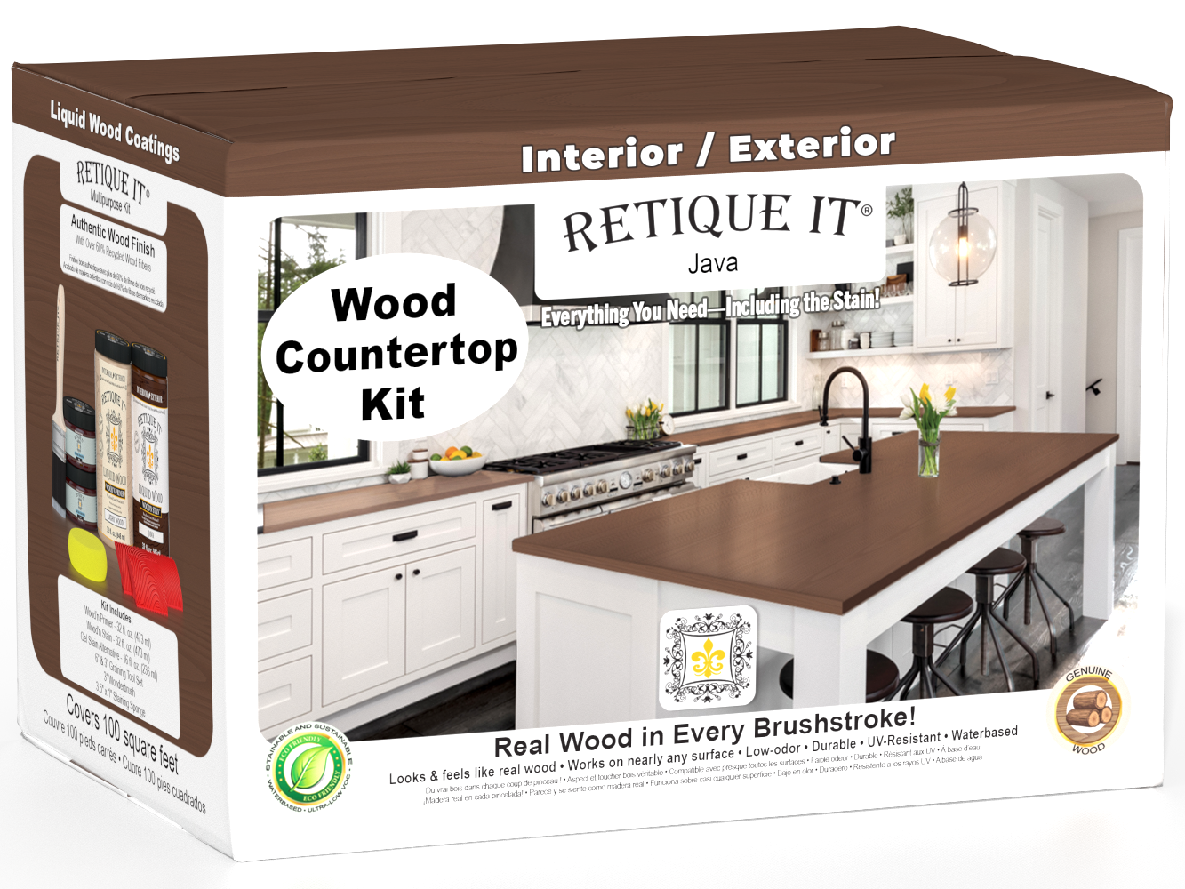 Retique It® Java countertop stain kit for full kitchen renovation, featuring a natural wood finish and stain application tools.