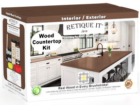 Retique It® Java countertop stain kit for full kitchen renovation, featuring a natural wood finish and stain application tools.