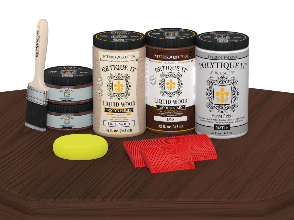 Retique It® Wood'n Finish Java front door kit with matte stain, featuring double door panels displayed on a table.