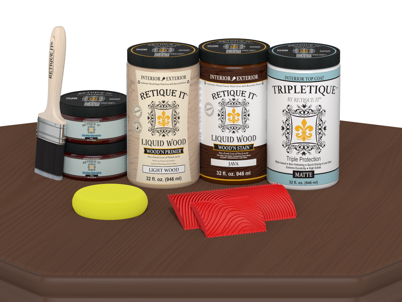 Retique It® Java countertop kit featuring stain samples on a matte finish for full kitchen renovation.