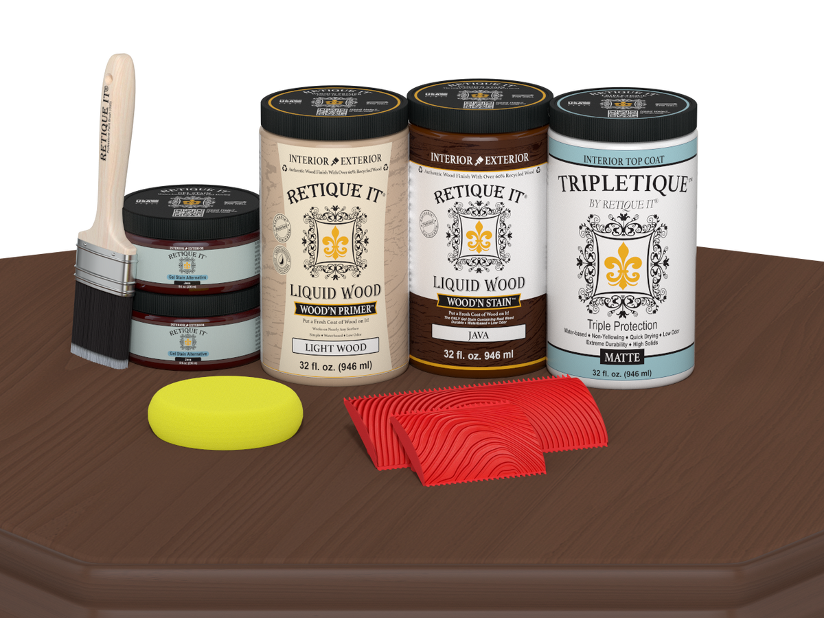 Large Java Wood'n Finish Kit by Retique It® for interior wood projects, featuring matte top coat application on wooden surfaces.