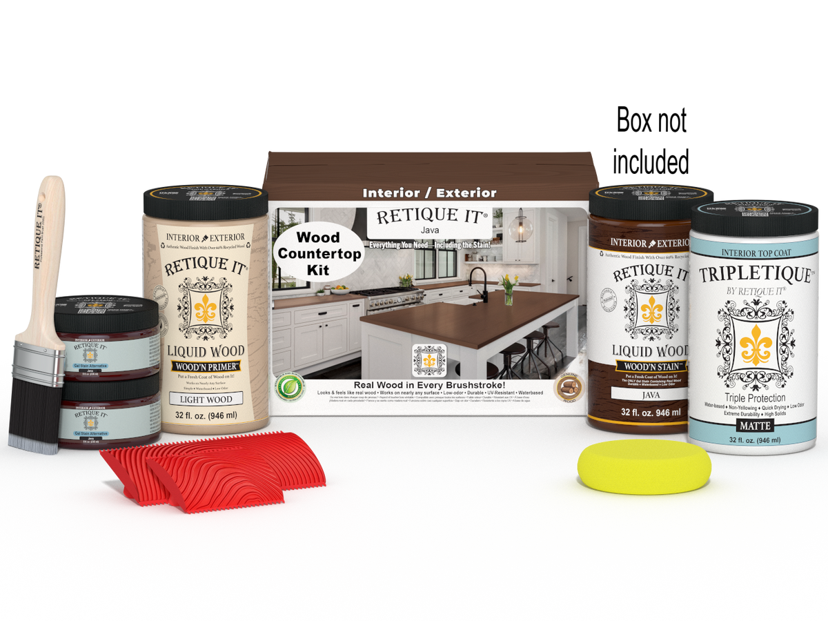 Retique It® Java countertop kit with stains, featuring a full kitchen setup on a countertop surface with tools and materials.
