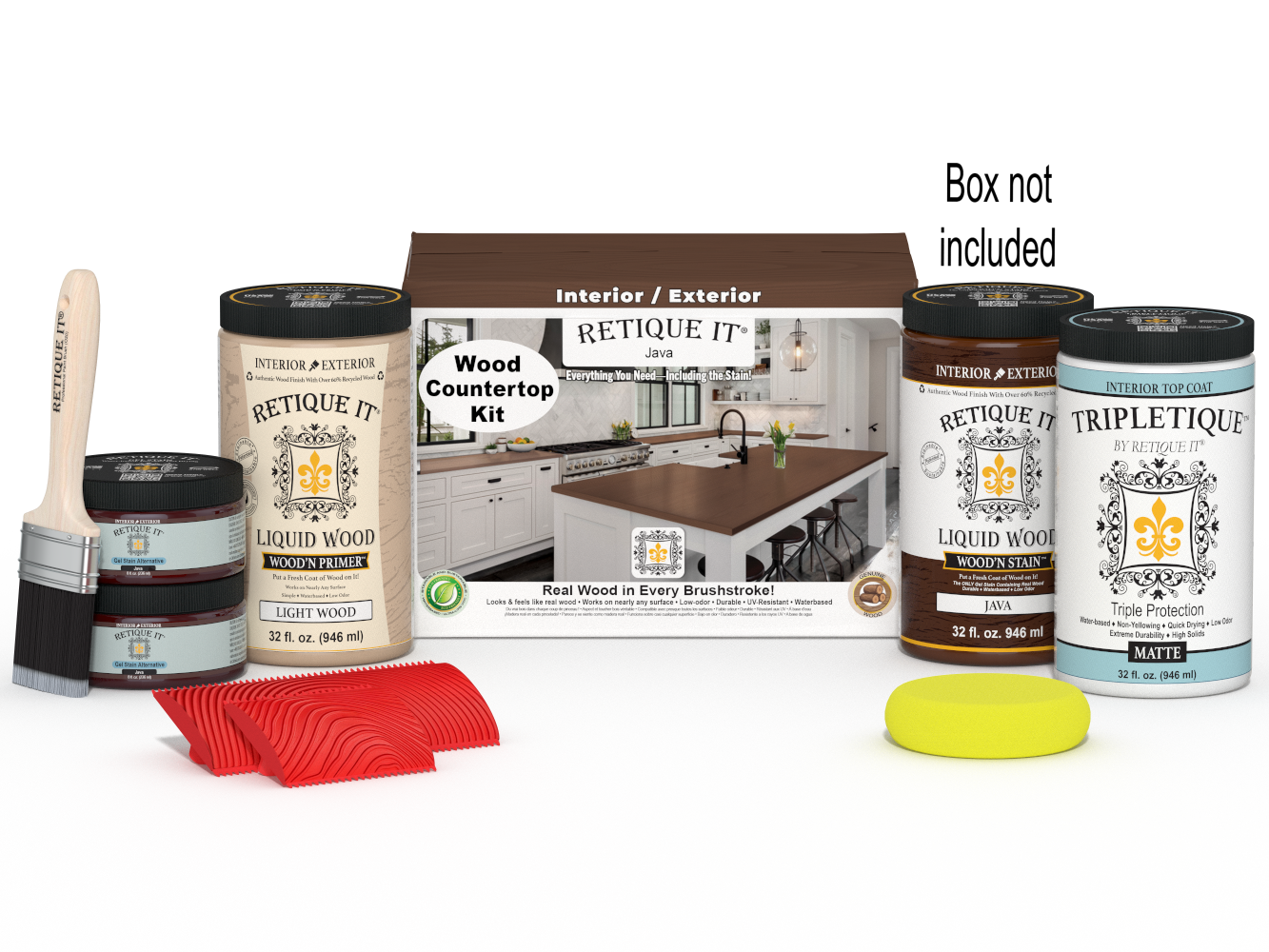 Retique It® Java countertop kit with stains, featuring a full kitchen setup on a countertop surface with tools and materials.