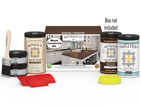 Retique It® Java countertop kit with stains, featuring a full kitchen setup on a countertop surface with tools and materials.