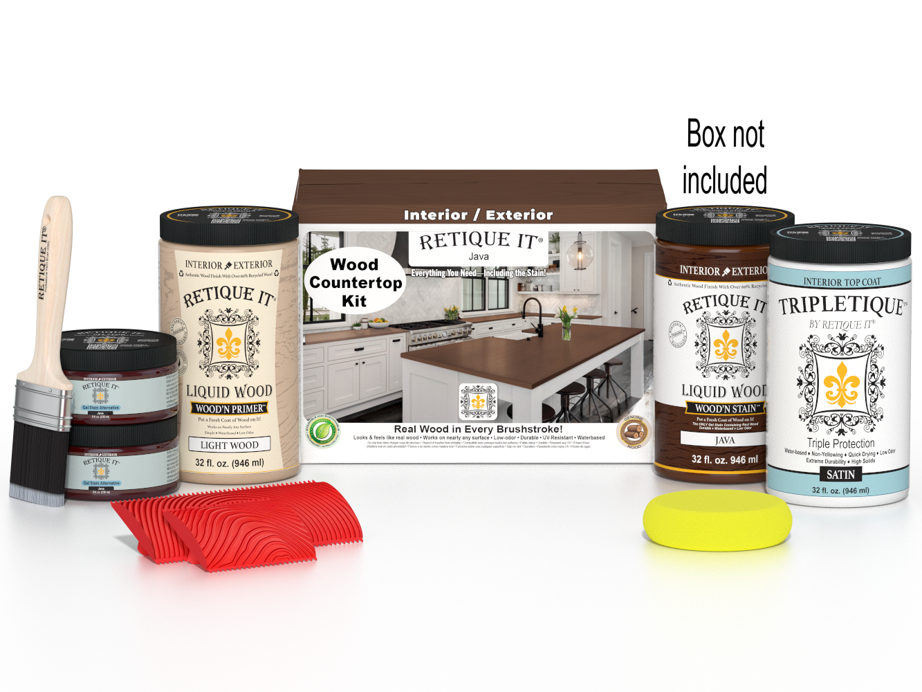 Retique It® Java countertop kit with stains, includes full kitchen countertop sample showing wood grain and stain application.