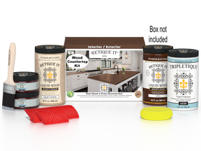 Retique It® Java countertop kit with stains, includes full kitchen countertop sample showing wood grain and stain application.