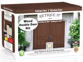 Double wooden front door kit in Java stain from Retique It, showcasing the stained wood finish and detailed door design.