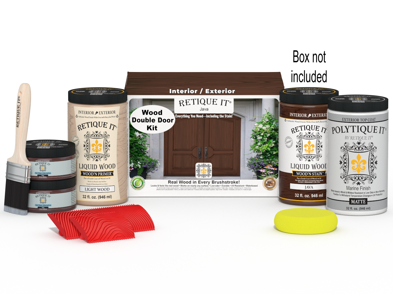 Double wooden front door kit in Java stain by Retique It, showing the stained door with hardware and packaging.