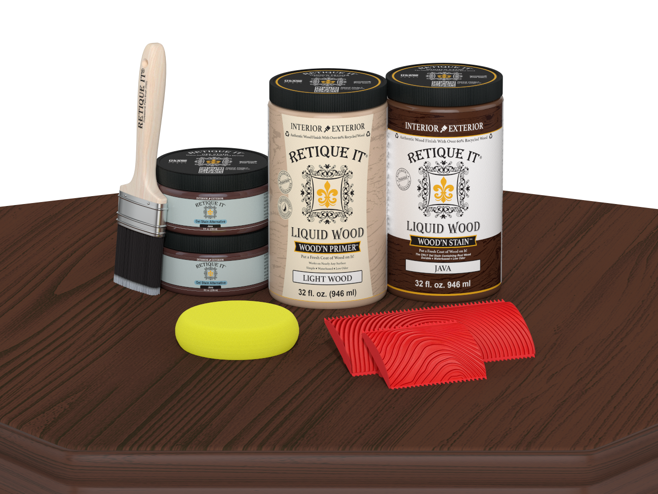 Retique It® Wood'n Finish Front Door Kit (Double) in Java stain displayed on table, showcasing wood stain and finish options