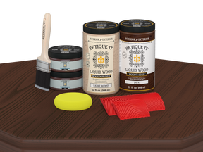 Retique It® Wood'n Finish Front Door Kit (Double) in Java stain displayed on table, showcasing wood stain and finish options