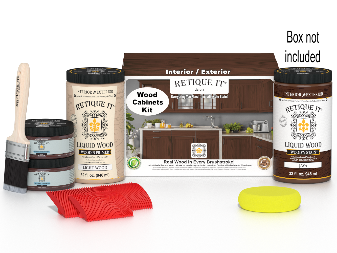 Retique It® Wood'n Cabinet Kit in Java stain with 12 grained cabinet doors, shown with box packaging for wood cabinet renovation.