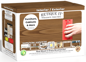 Retique It® Wood'n Finish Kit in Large Modern Walnut with exterior topcoat, featuring the wood finish product and packaging.