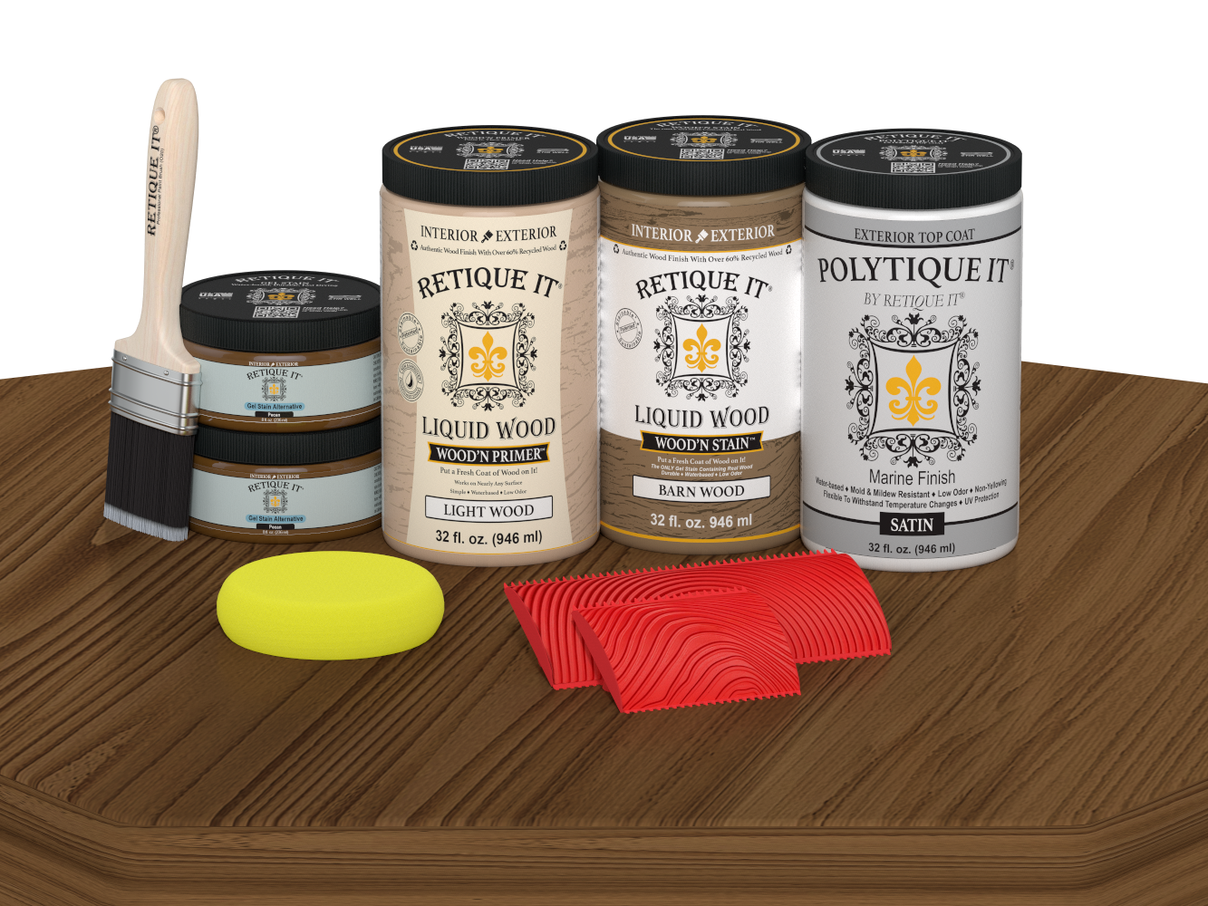 Large Modern Walnut Wood'n Finish Kit by Retique It® with satin exterior topcoat, displayed on a table with wood finish components.