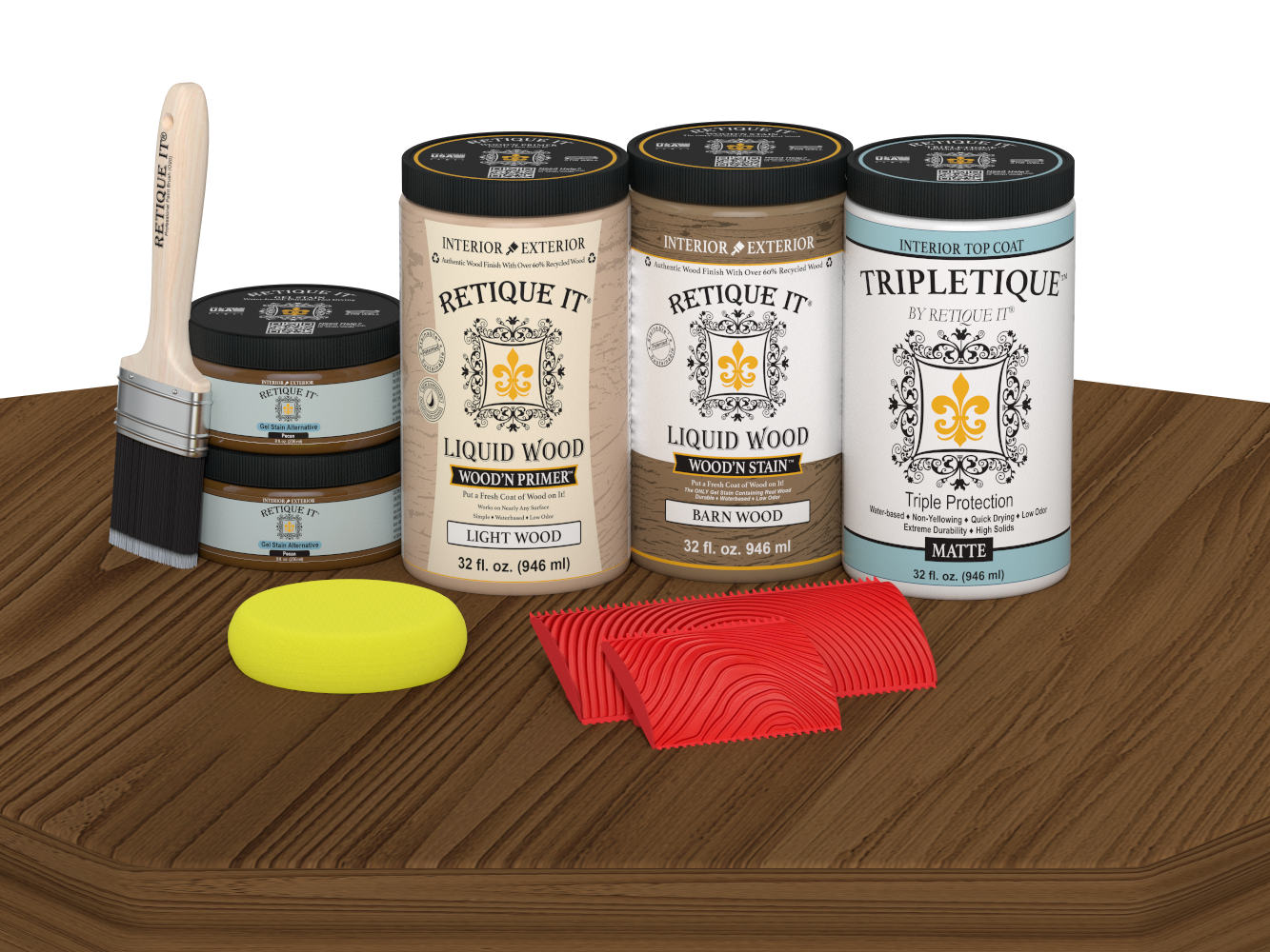 Large Modern Walnut Wood'n Finish Kit by Retique It® with matte topcoat, displayed on a table for multi-purpose wood finishing.