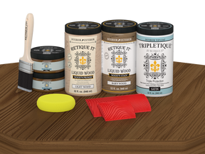 Large Modern Walnut Wood'n Finish Kit by Retique It® with satin interior topcoat, showing wood finish application on a surface.