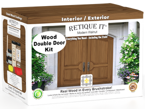 Double modern walnut wood finish front door kit by Retique It, featuring sleek stained wood surface and contemporary design.