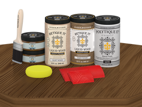 Retique It® Modern Walnut Wood Kit with primer, stains, satin topcoat, brush, yellow sponge, and red graining tools.