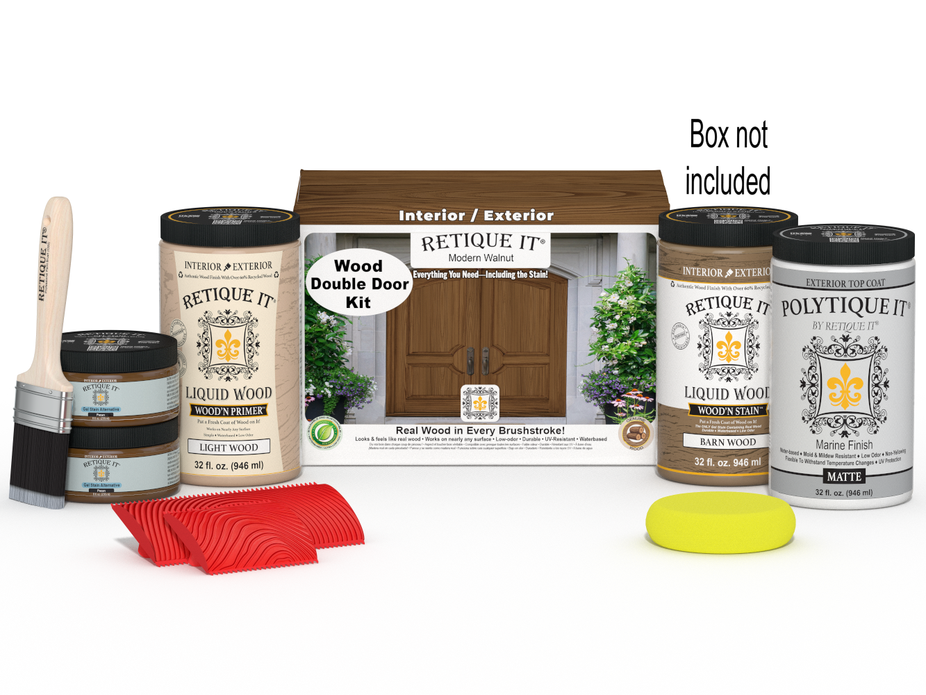 Retique It Wood'n Finish front door kit for double modern walnut stained door, includes stain and finishing supplies.