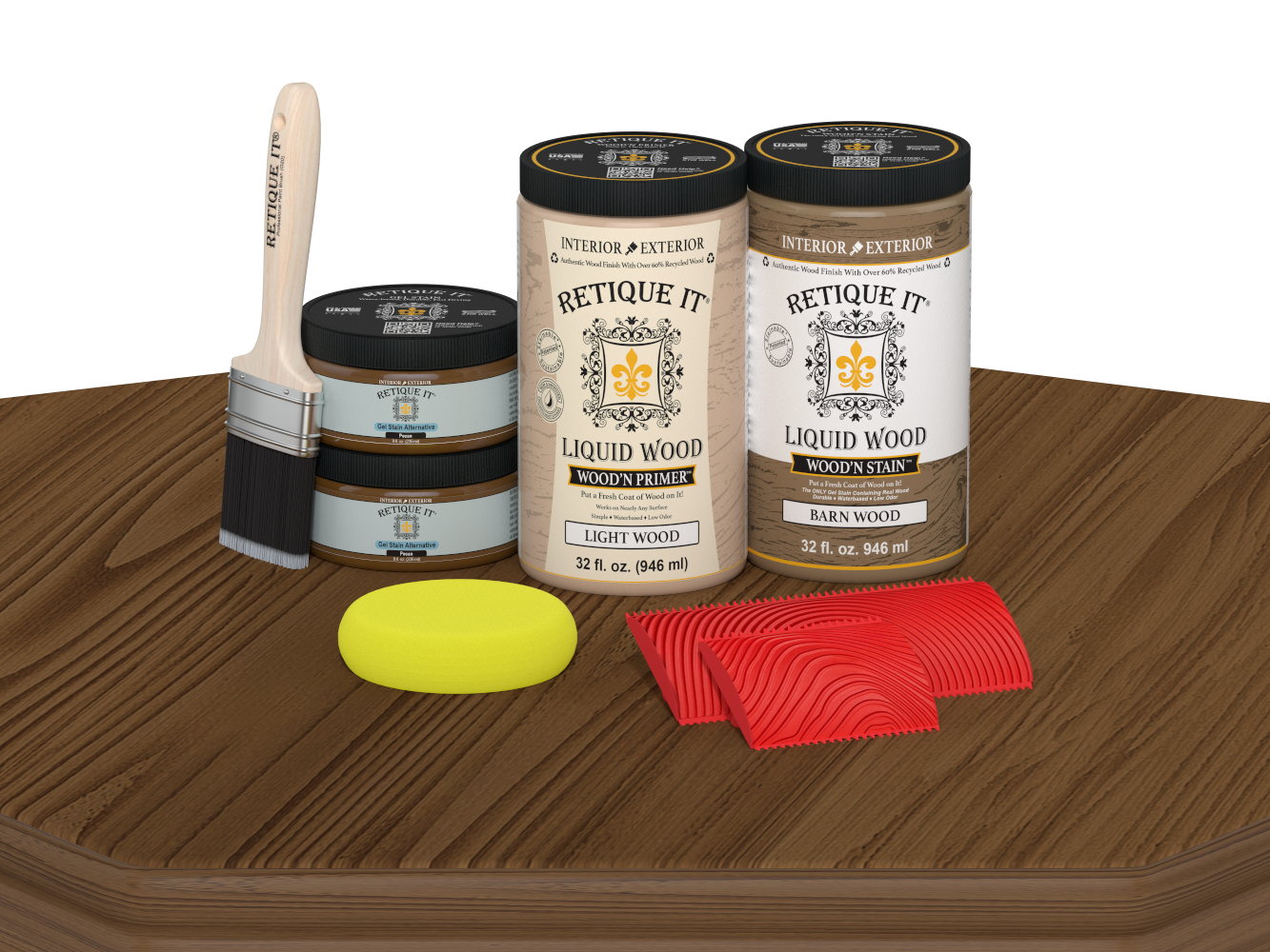 Large Modern Walnut Wood'n Finish Kit by Retique It® on a table, featuring wood finishing tools and supplies for multi-purpose projects.