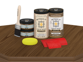 Large Modern Walnut Wood'n Finish Kit by Retique It® on a table, featuring wood finishing tools and supplies for multi-purpose projects.