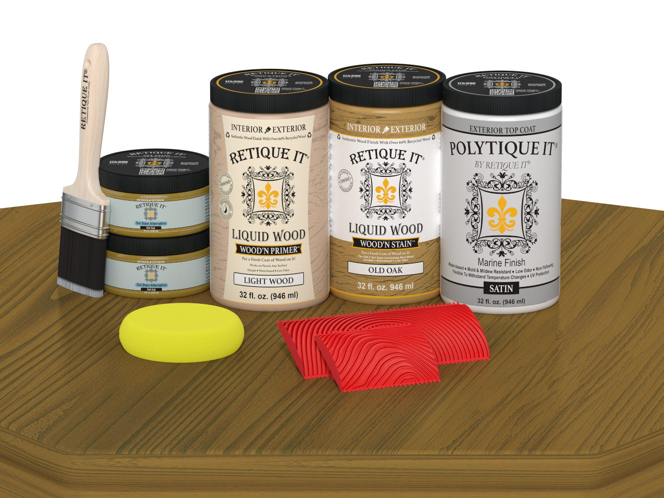 Retique It Wood'n Finish Front Door Kit (Double) in Old Oak stain, satin finish, displayed on a table.