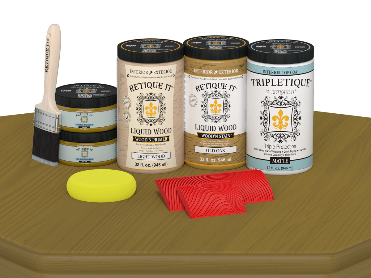 Retique It® Old Oak countertop kit stain applied to a kitchen table with a matte finish, showcasing natural wood grain and color.