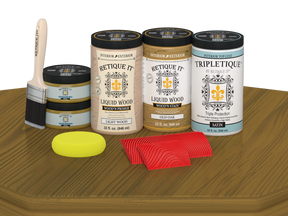 Retique It® Old Oak countertop kit with satin stain finish on a kitchen countertop, showcasing natural wood grain and color.
