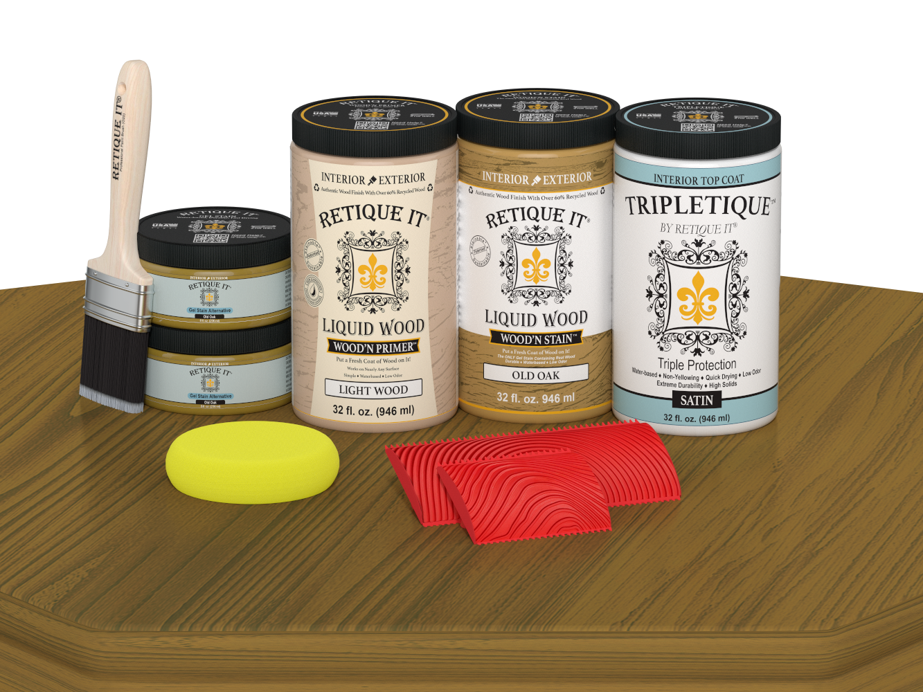 Retique It® Wood'n Cabinet Kit in Old Oak stain, satin finish, showing 12 grained cabinet doors and wood texture.
