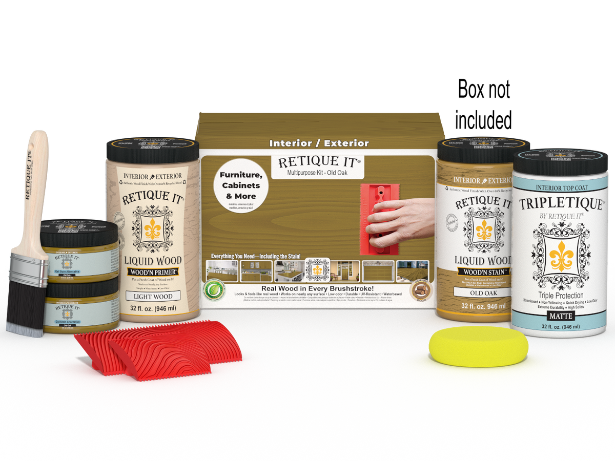 Large Old Oak Wood'n Finish Kit by Retique It® for interior top coating, includes wood finish and application tools.