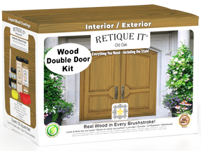 Double front door stained with Old Oak wood finish by Retique It, featuring natural wood grain and classic design.