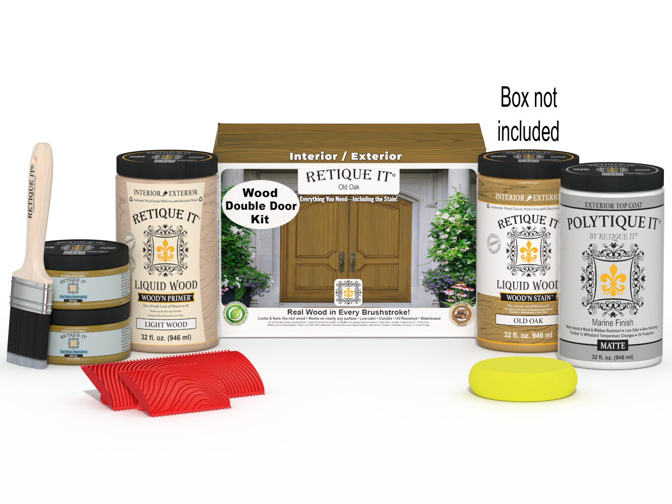 Retique It Wood'n Finish front door kit in Old Oak stain, double door with natural wood grain and stained finish.