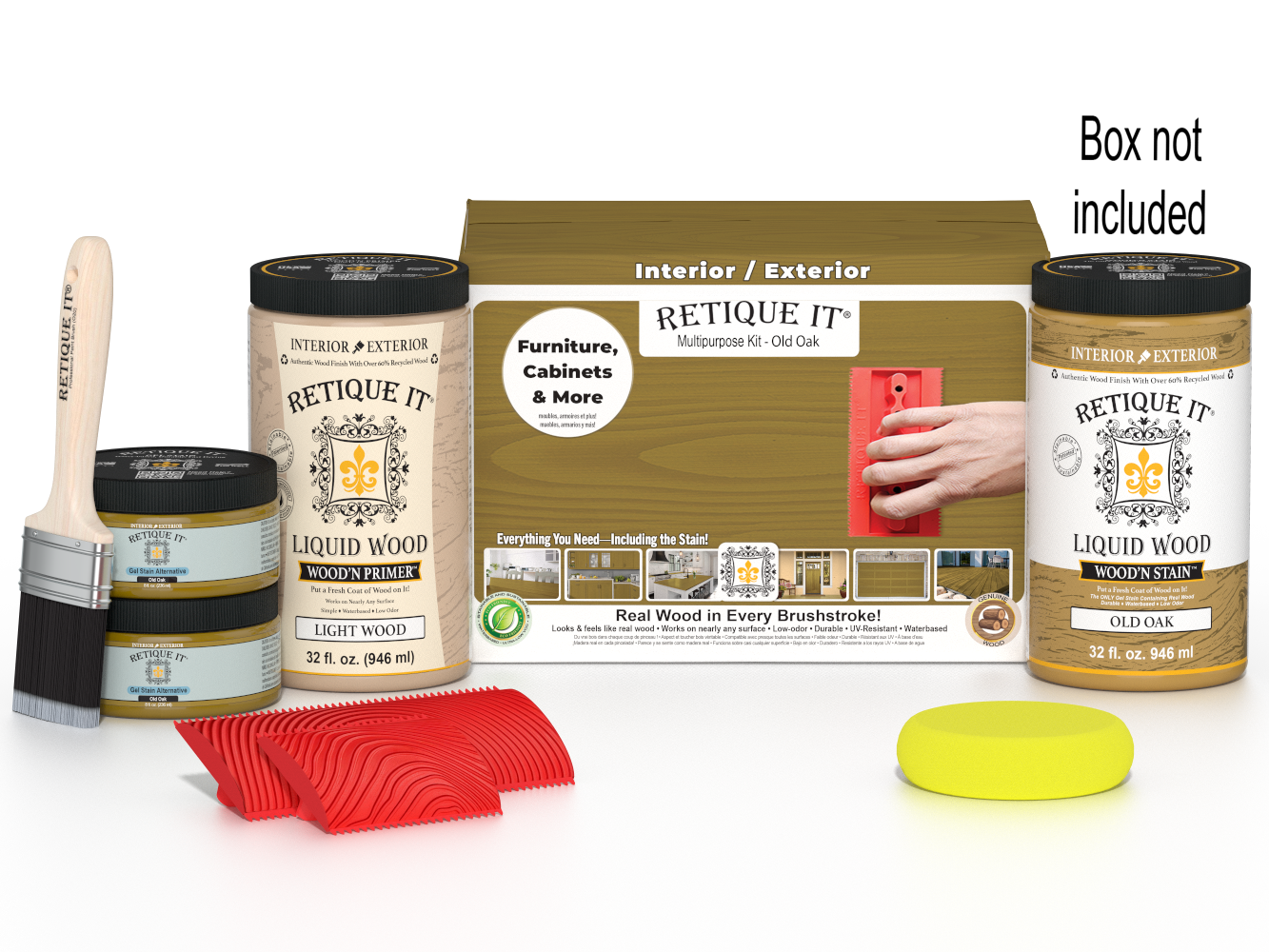Large Old Oak Wood'n Finish Kit from Retique It® with wood stain and tools for multi-purpose wood finishing projects.