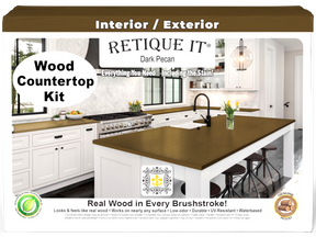 Retique It® Dark Pecan countertop stain kit for full kitchen, showing a modern dark wood finish on a kitchen countertop.