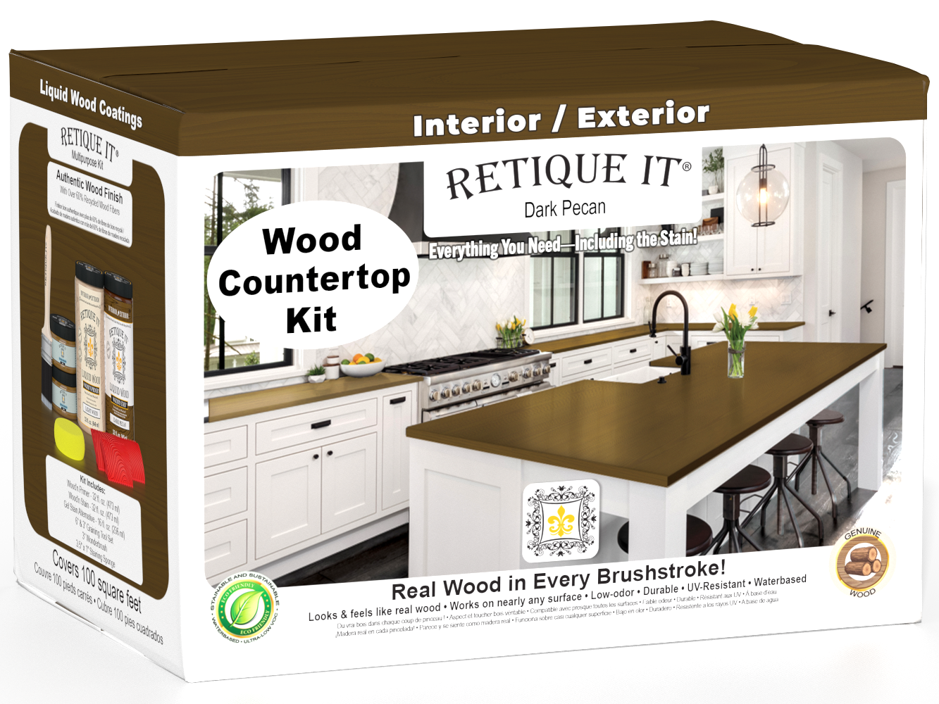 Dark Pecan countertop stain kit by Retique It® for full kitchen renovation, featuring wood stain and finishing supplies.