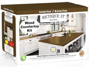 Dark Pecan countertop stain kit by Retique It® for full kitchen renovation, featuring wood stain and finishing supplies.