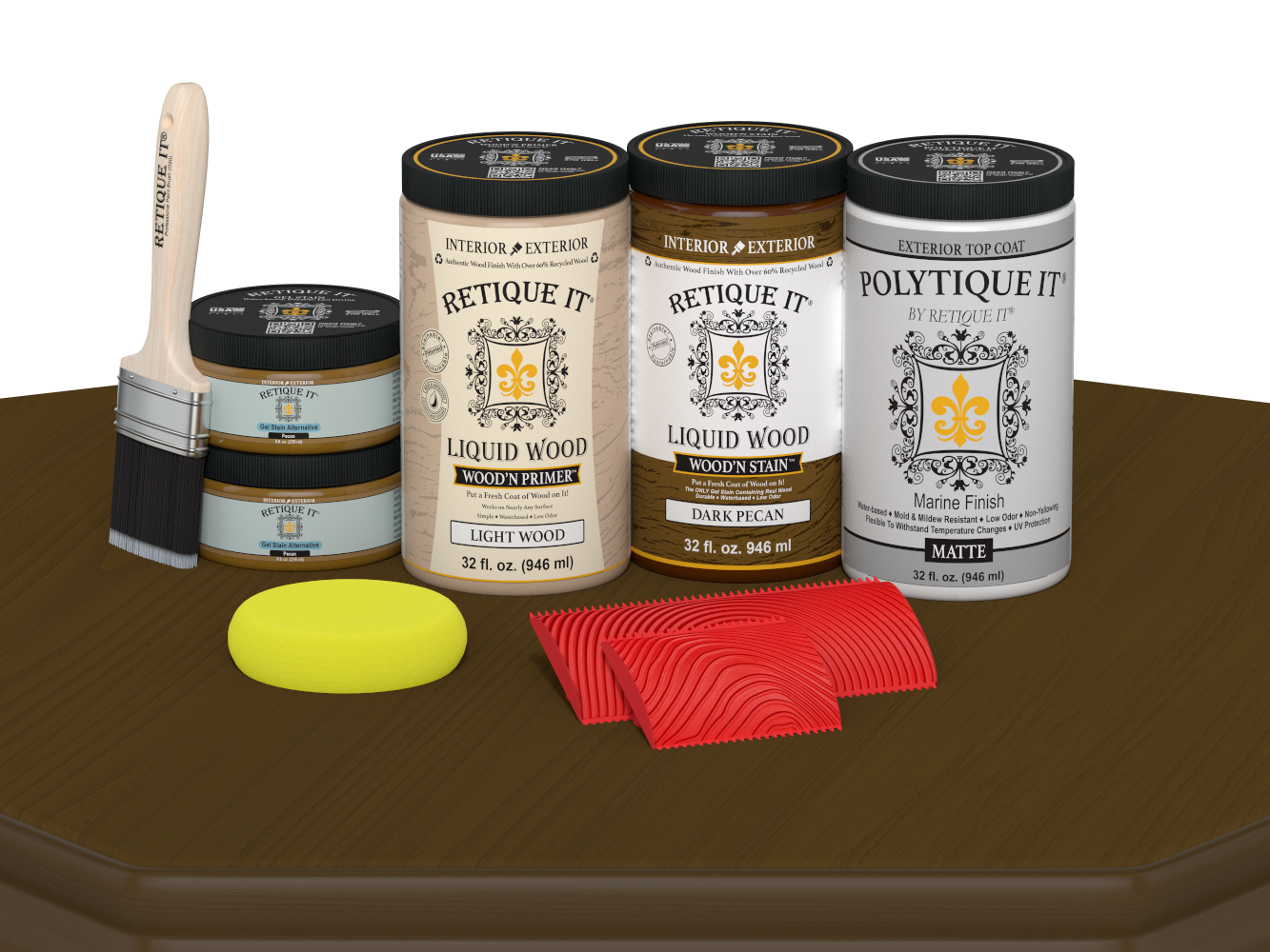 Large Dark Pecan Wood'n Finish Kit by Retique It® with matte exterior top coat, includes brushes and application tools.