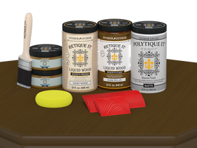 Large Dark Pecan Wood'n Finish Kit by Retique It® with matte exterior top coat, includes brushes and application tools.