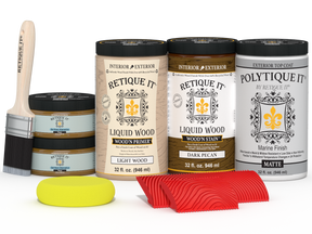 Large Dark Pecan Wood'n Kit from Retique It® for exterior top coat, includes wood finish products and tools in a compact package.