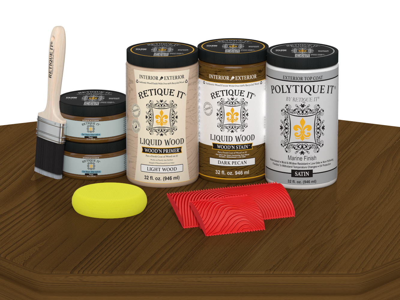 Retique It® Wood’n Finish double front door kit in dark pecan stain with satin finish, displayed on a table.