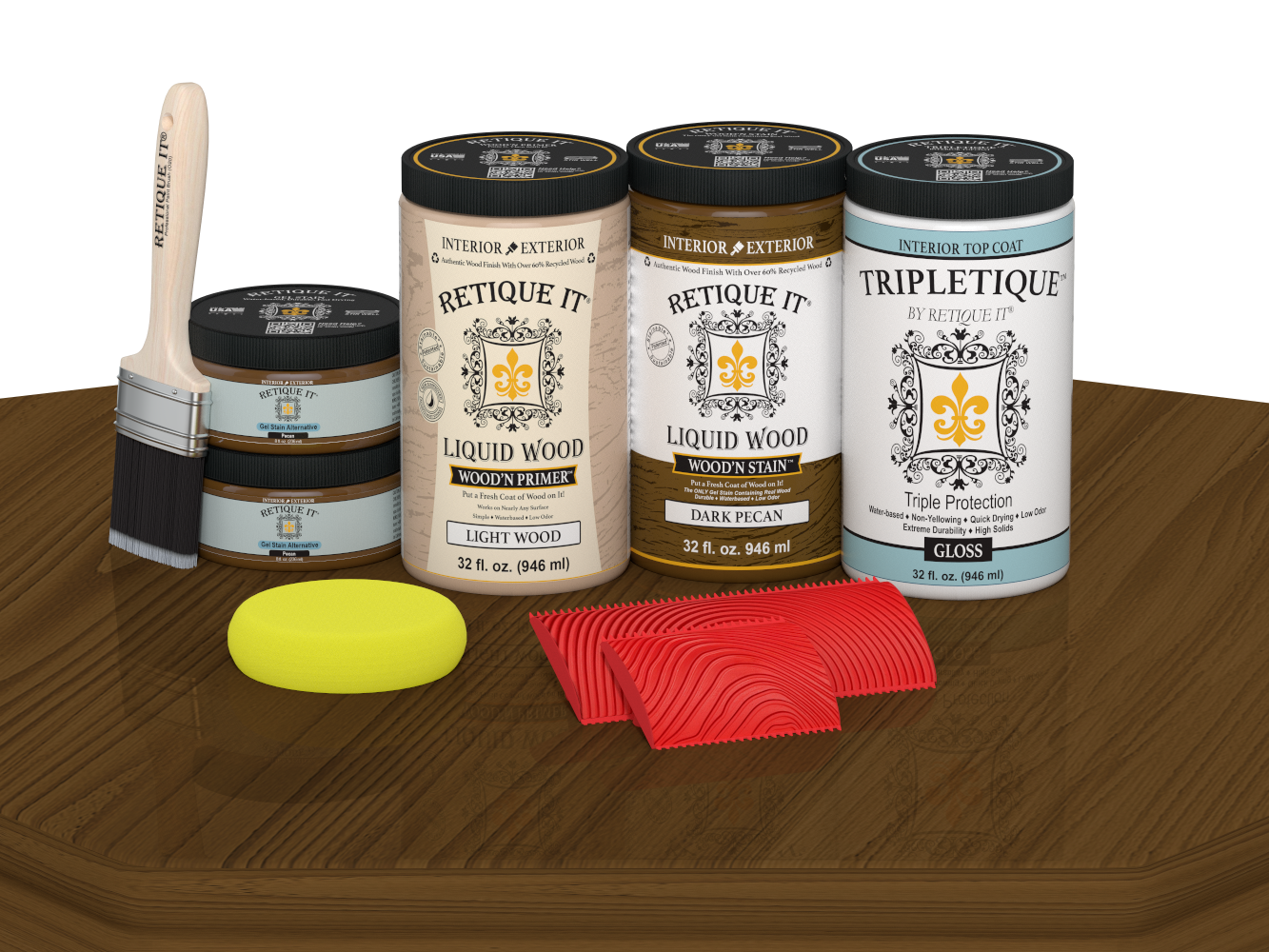 Retique It® dark pecan countertop kit stain applied on a kitchen countertop with a glossy finish, showing rich wood tones.
