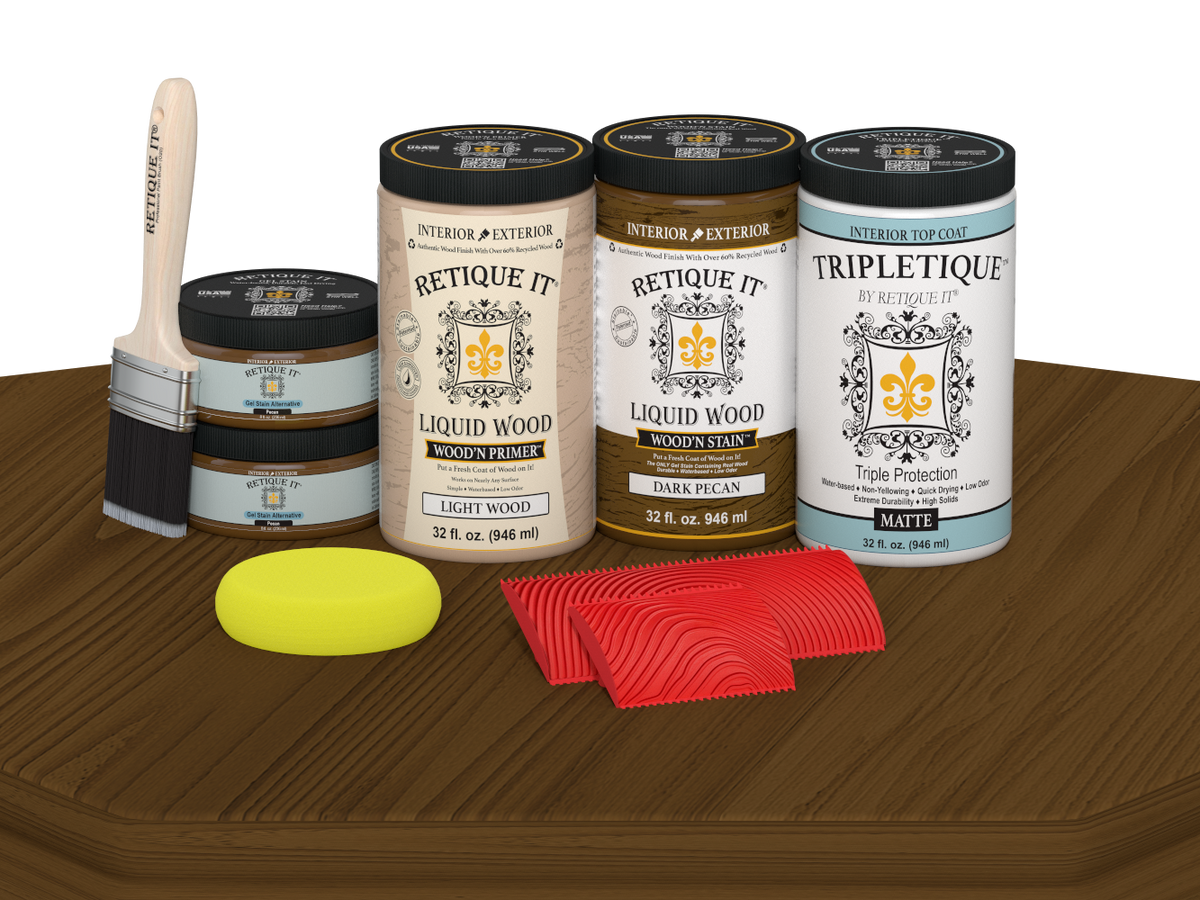 Retique It® Wood'n Finish Kit with four dark pecan stain bottles, matte finish, designed for tabletop wood projects.