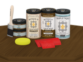 Retique It® Wood'n Finish Kit with four dark pecan stain bottles, matte finish, designed for tabletop wood projects.