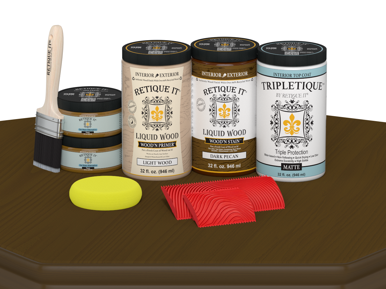 Large Dark Pecan Wood'n Finish Kit by Retique It® for interior wood projects with matte top coat and multiple application tools.