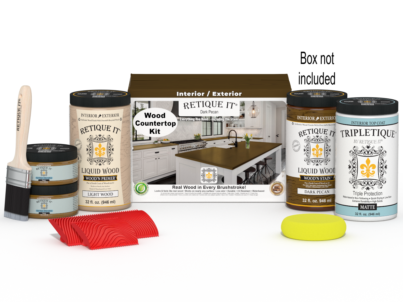 Retique It® dark pecan countertop stain kit with stain bottles and applicator tools for full kitchen renovation.