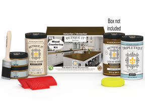Retique It® dark pecan countertop stain kit with stain bottles and applicator tools for full kitchen renovation.