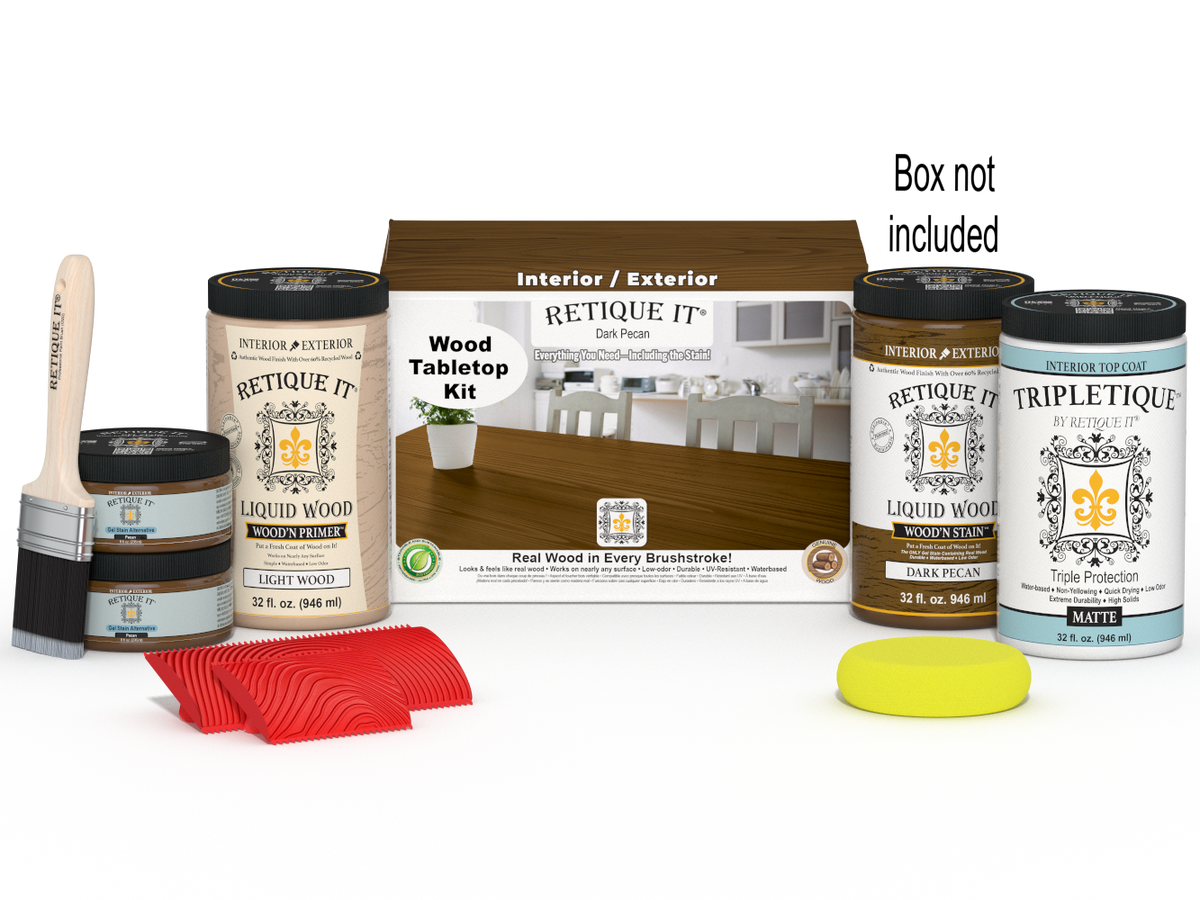 Retique It® Wood'n Finish Kit with four dark pecan stain bottles, designed for tabletop wood finishing projects.