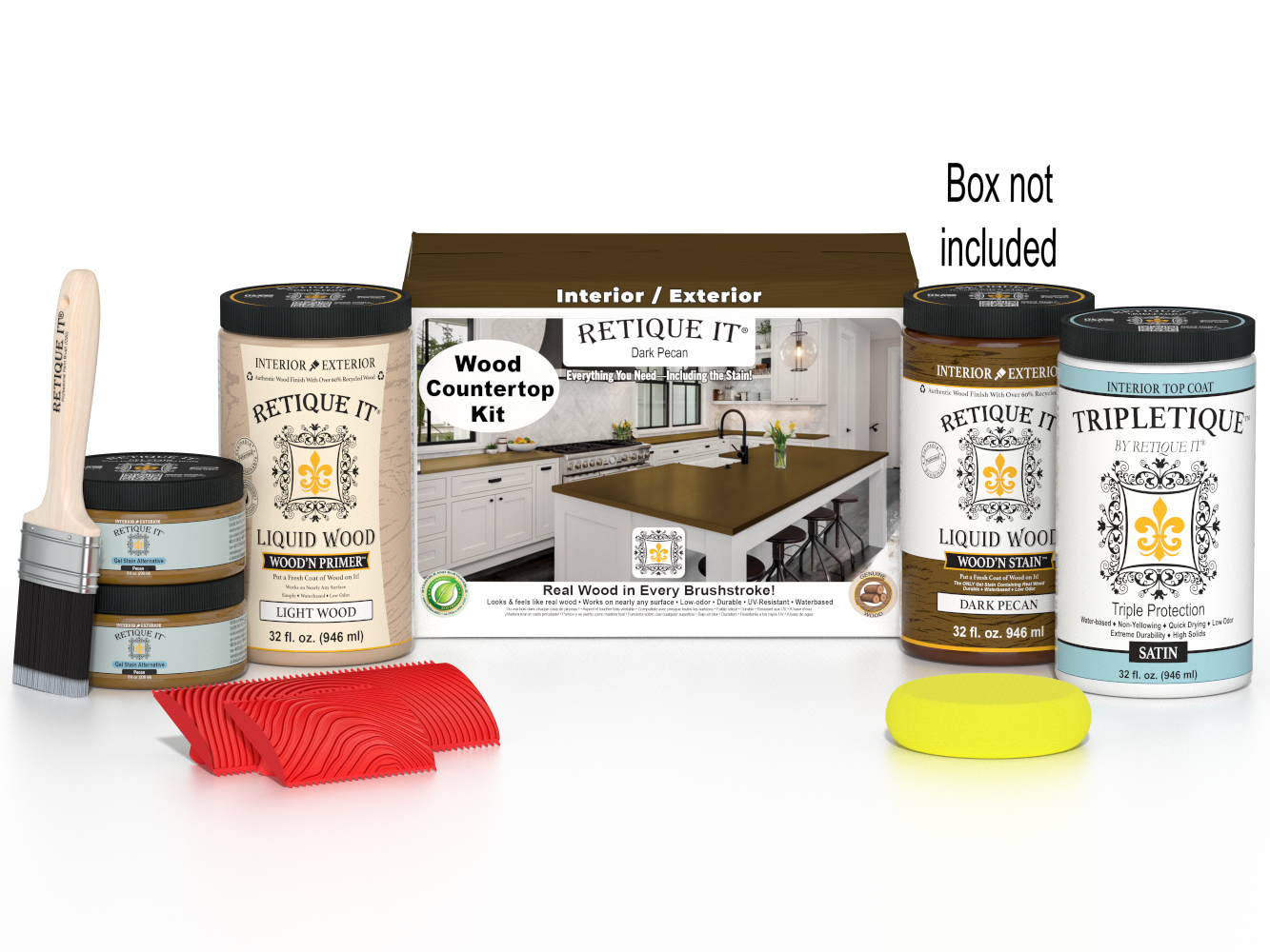 Retique It® dark pecan countertop kit with stain and finishing supplies for full kitchen renovation, shown with box and tools.