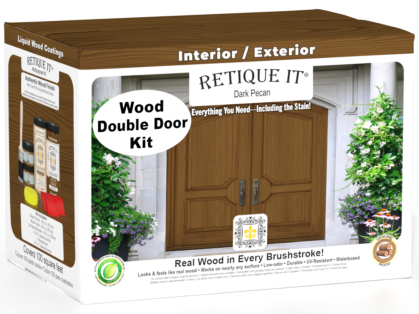 Double front door stained with Dark Pecan wood finish by Retique It, showcasing a polished wood surface and detailed door panels.
