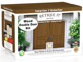 Double front door stained with Dark Pecan wood finish by Retique It, showcasing a polished wood surface and detailed door panels.