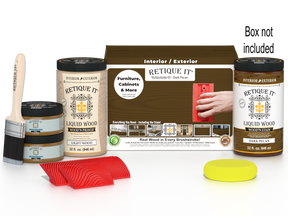 Large dark pecan Wood'n Finish Kit by Retique It® with wood stain and finishing supplies in a box.